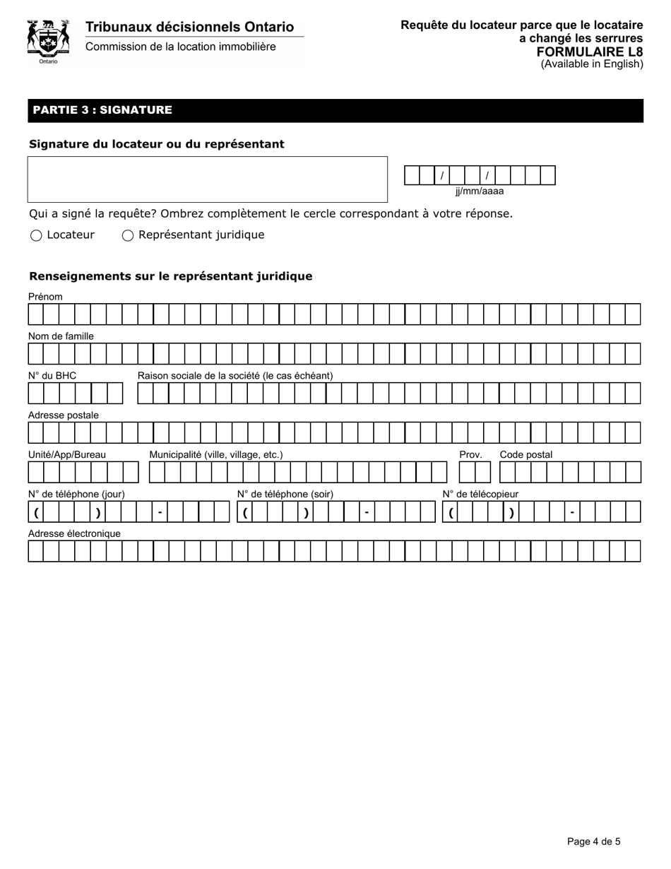 Forme L8 Requete Du Locateur Parce Que Le Locataire a Change Les Serrures - Ontario, Canada (French), Page 5