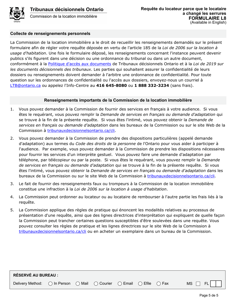 Forme L8 Requete Du Locateur Parce Que Le Locataire a Change Les Serrures - Ontario, Canada (French), Page 6