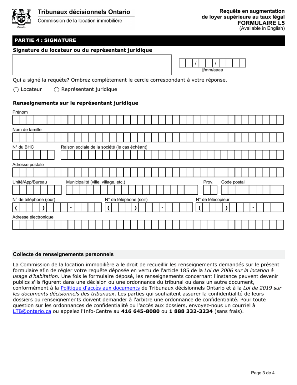 Forme L5 Requete En Augmentation De Loyer Superieure Au Taux Legal - Ontario, Canada (French), Page 4