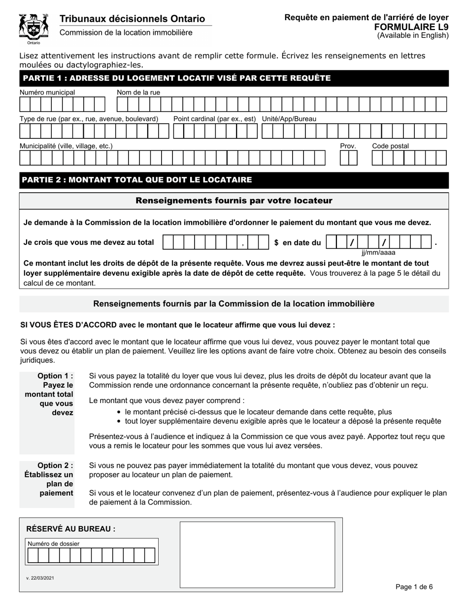 Forme L9 Requete En Paiement De Larriere De Loyer - Ontario, Canada (French), Page 3