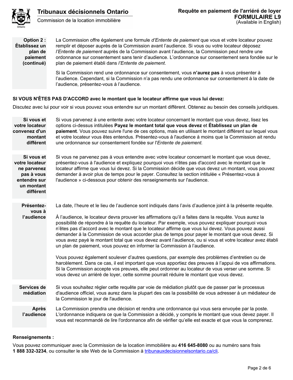 Forme L9 Requete En Paiement De Larriere De Loyer - Ontario, Canada (French), Page 4