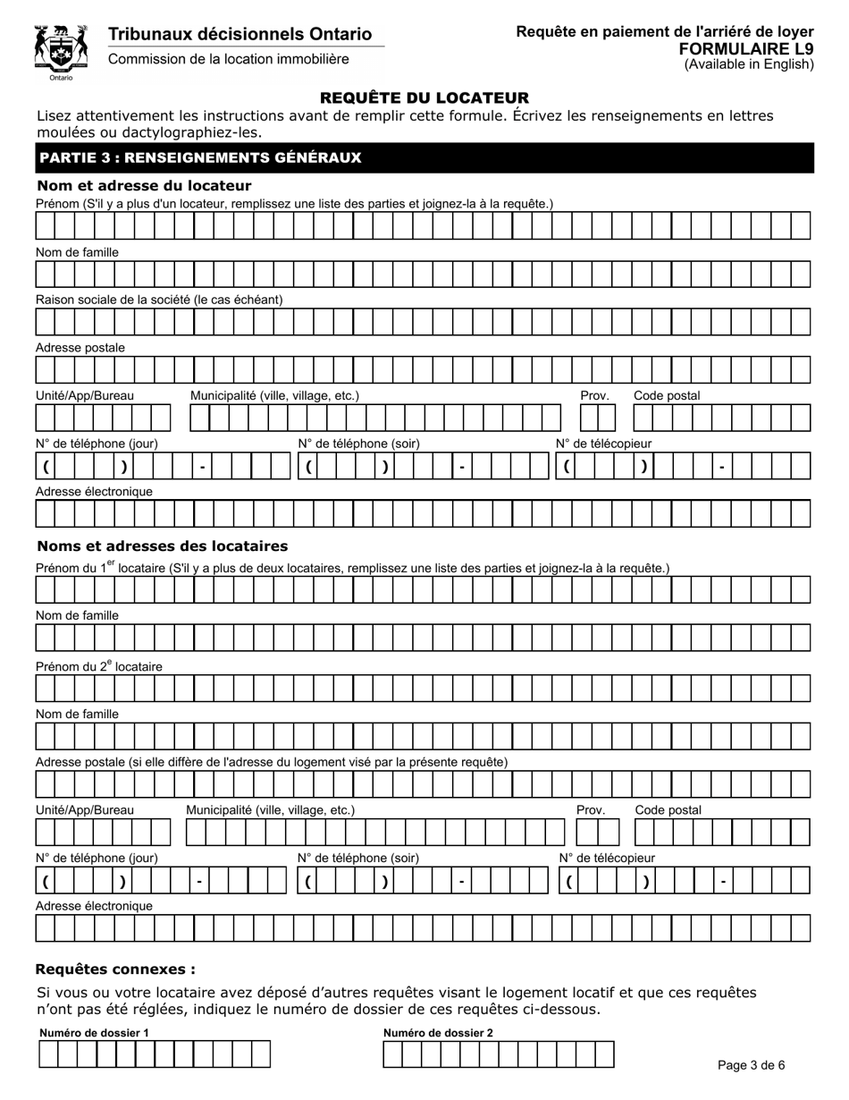 Forme L9 Requete En Paiement De Larriere De Loyer - Ontario, Canada (French), Page 5