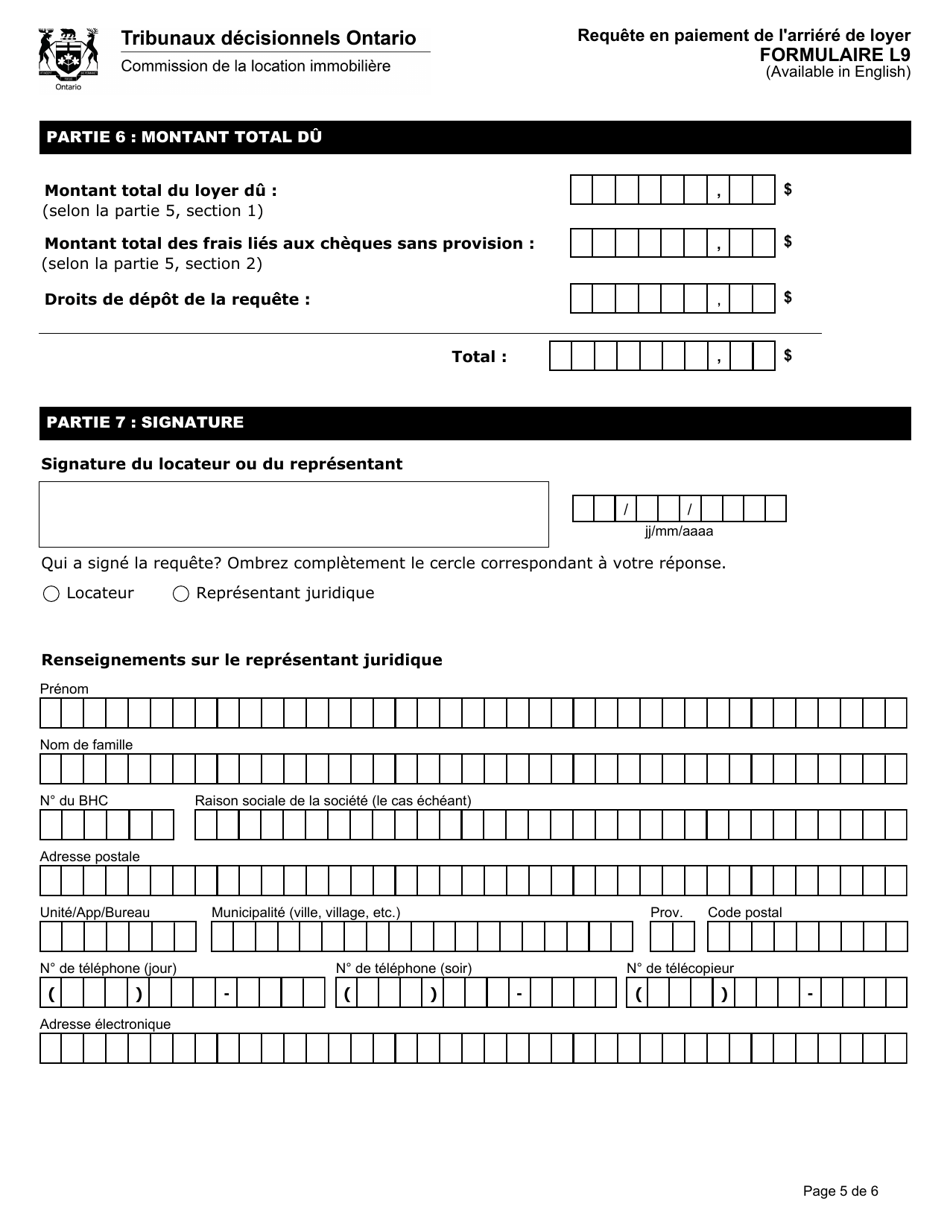 Forme L9 Requete En Paiement De Larriere De Loyer - Ontario, Canada (French), Page 7
