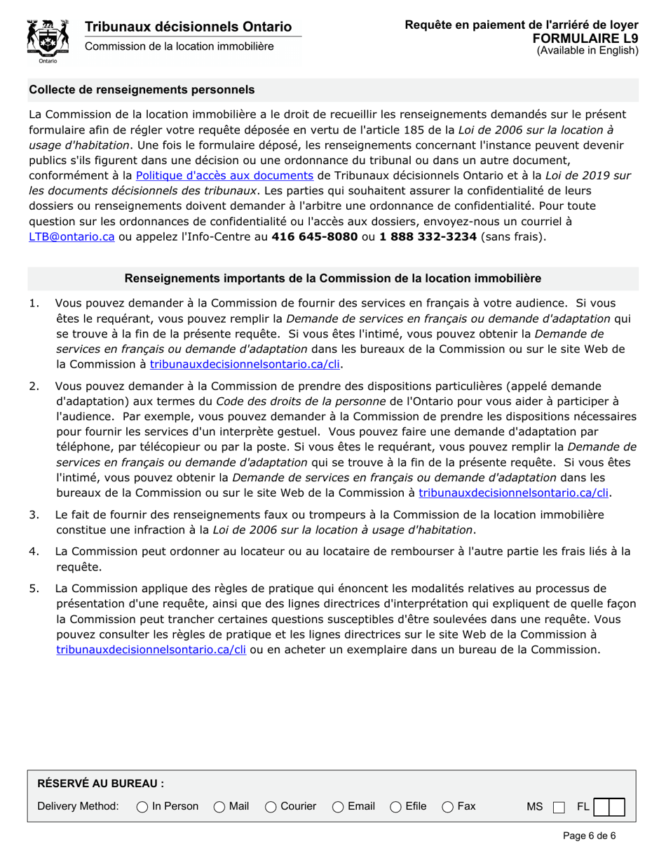 Forme L9 Requete En Paiement De Larriere De Loyer - Ontario, Canada (French), Page 8