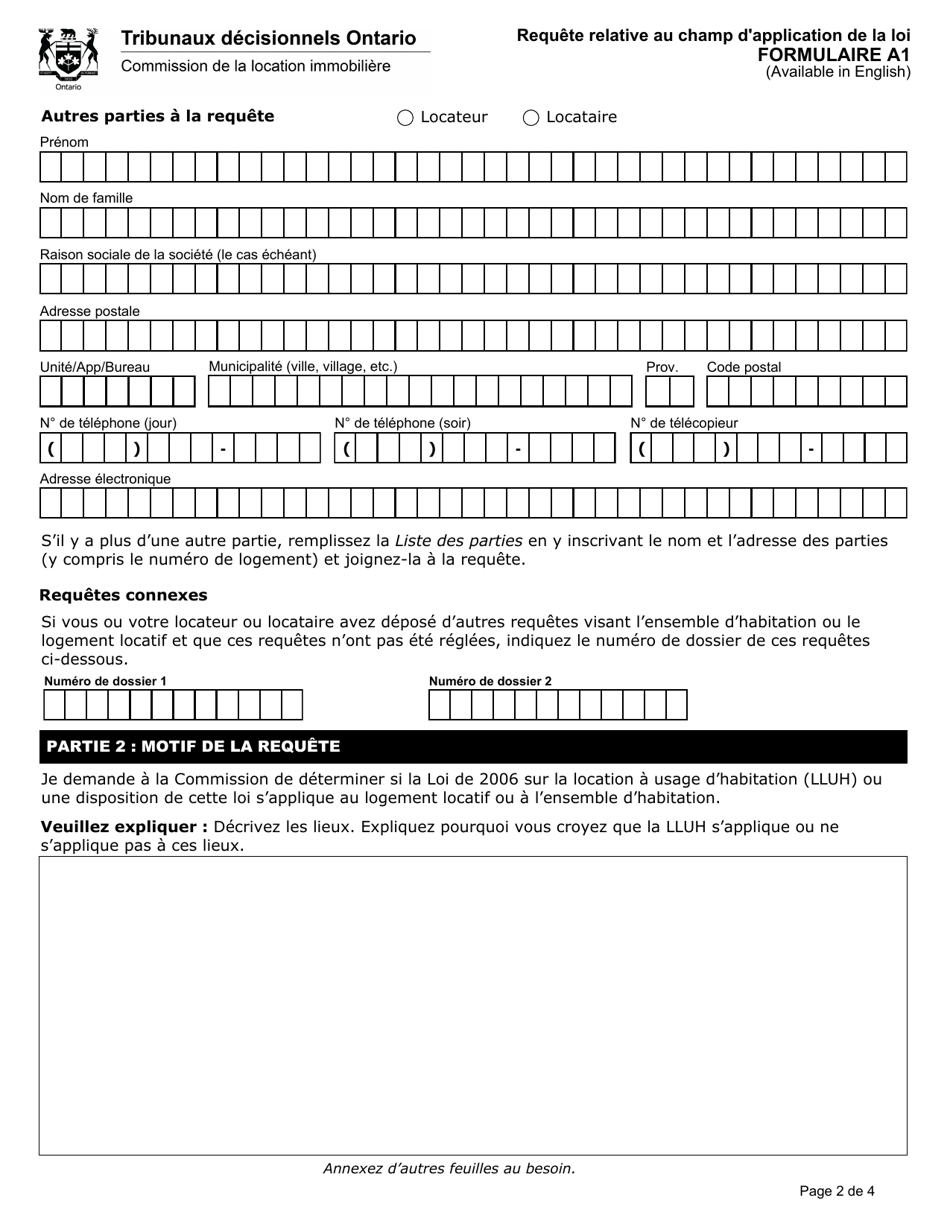 Forme A1 Requete Relative Au Champ Dapplication De La Loi - Ontario, Canada (French), Page 3