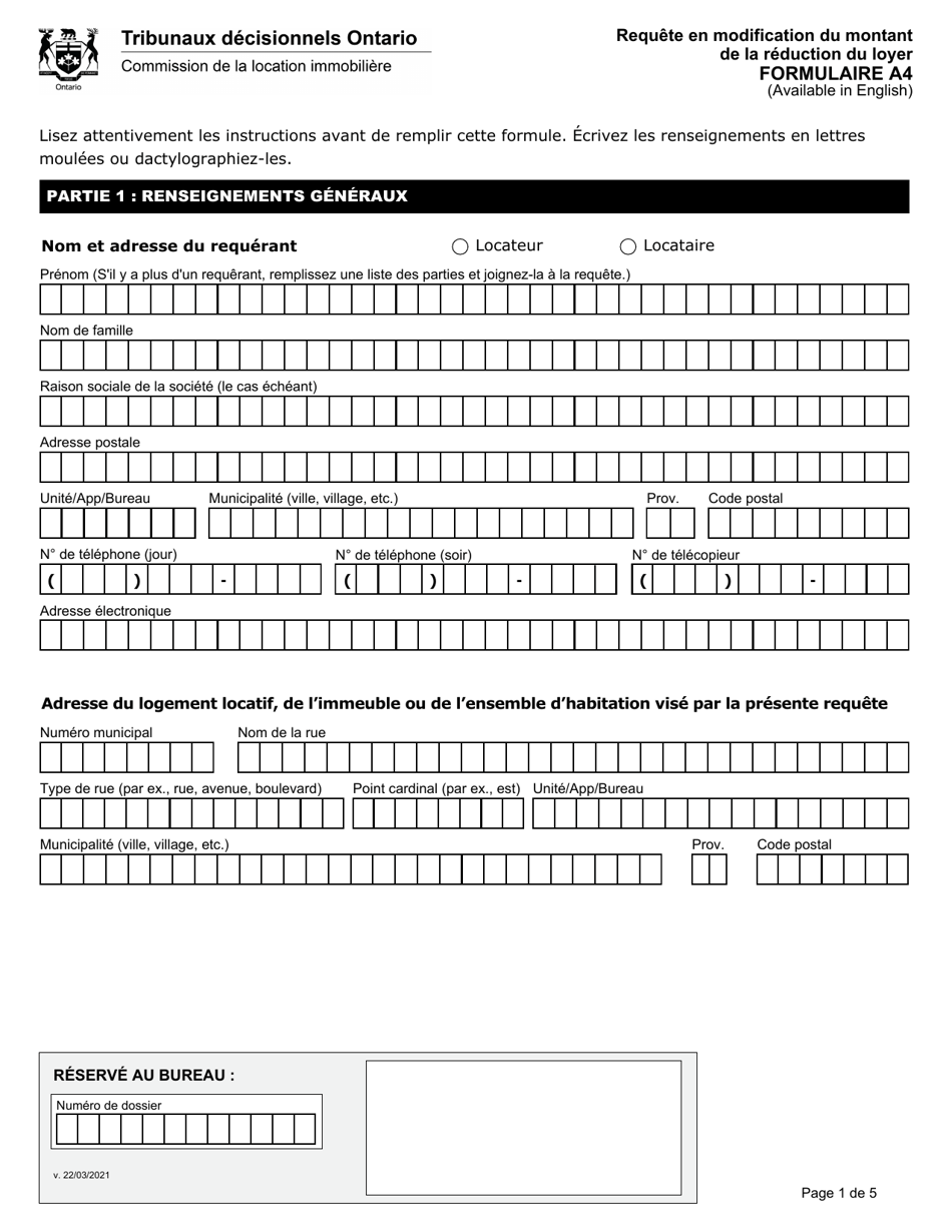 Forme A4 Requete En Modification Du Montant De La Reduction Du Loyer - Ontario, Canada (French), Page 2