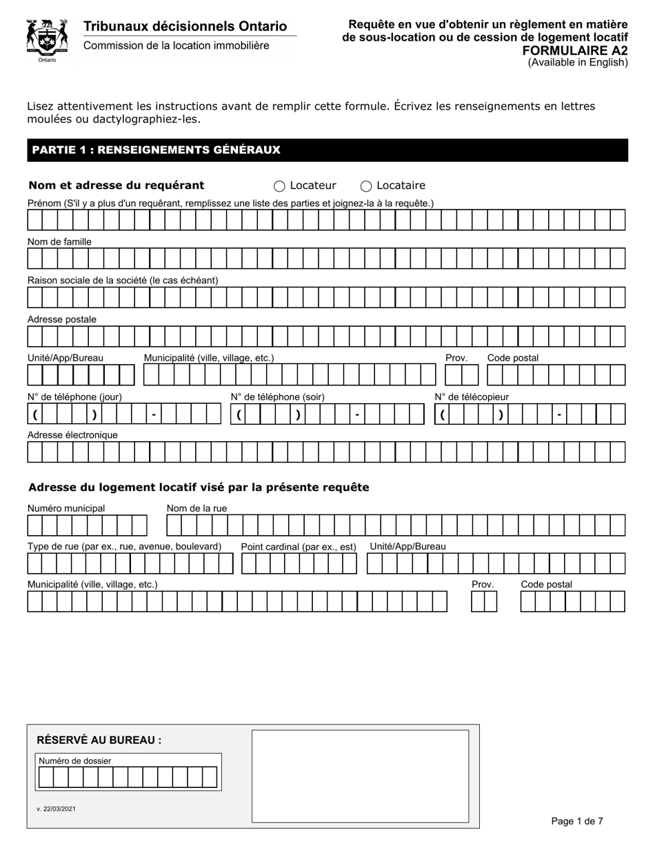 Forme A2 Requete En Vue Dobtenir Un Reglement En Matiere De Sous-Location Ou De Cession De Logement Locatif - Ontario, Canada (French), Page 2