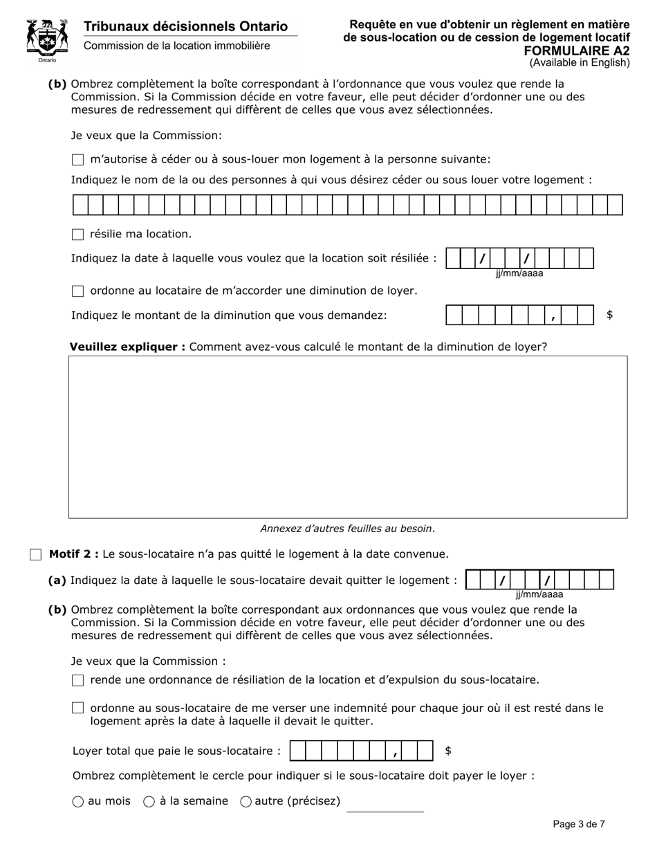 Forme A2 Requete En Vue Dobtenir Un Reglement En Matiere De Sous-Location Ou De Cession De Logement Locatif - Ontario, Canada (French), Page 4