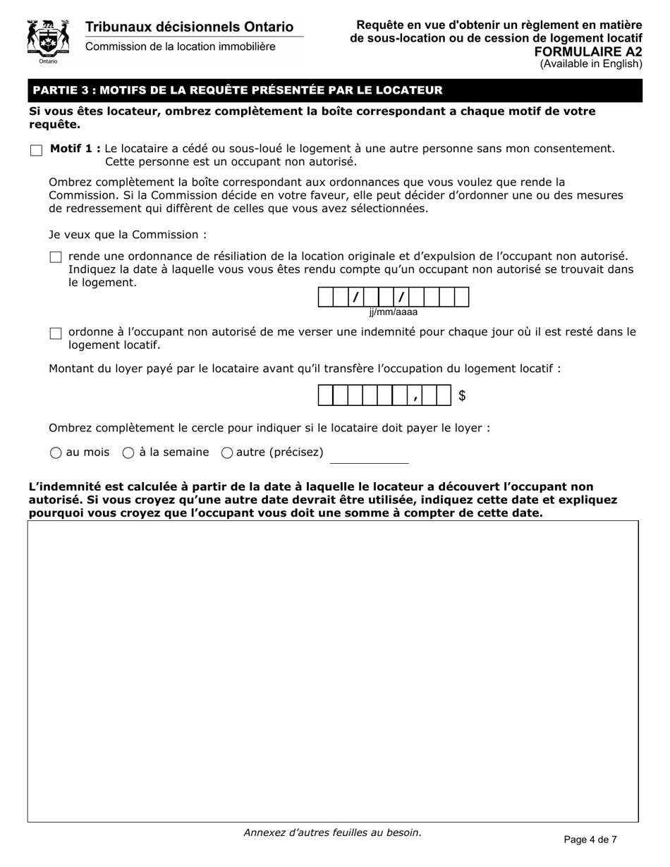 Forme A2 Requete En Vue Dobtenir Un Reglement En Matiere De Sous-Location Ou De Cession De Logement Locatif - Ontario, Canada (French), Page 5