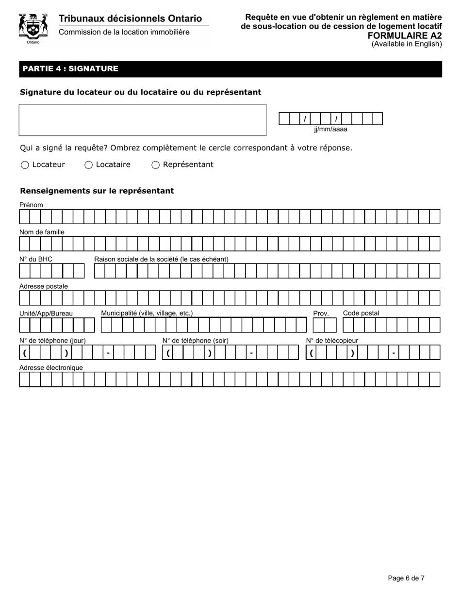 Forme A2 Requete En Vue Dobtenir Un Reglement En Matiere De Sous-Location Ou De Cession De Logement Locatif - Ontario, Canada (French), Page 7