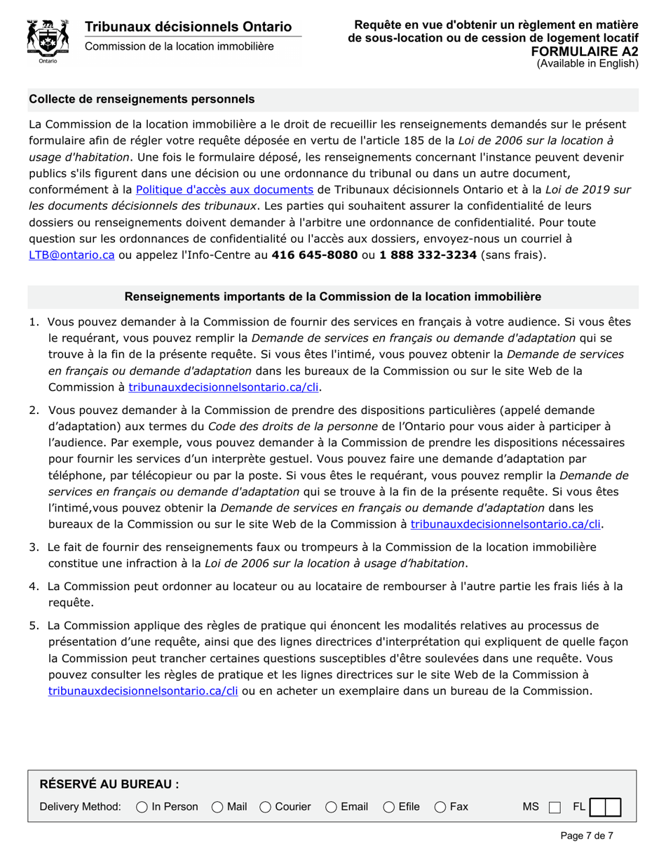 Forme A2 Requete En Vue Dobtenir Un Reglement En Matiere De Sous-Location Ou De Cession De Logement Locatif - Ontario, Canada (French), Page 8