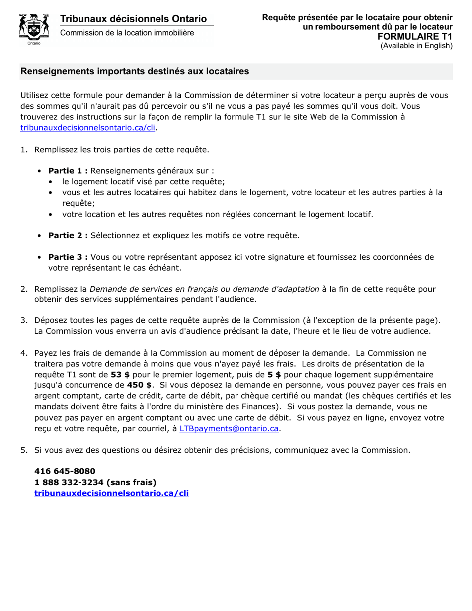 Forme T1 Requete Presentee Par Le Locataire Pour Obtenir Un Remboursement Du Par Le Locateur - Ontario, Canada (French), Page 1