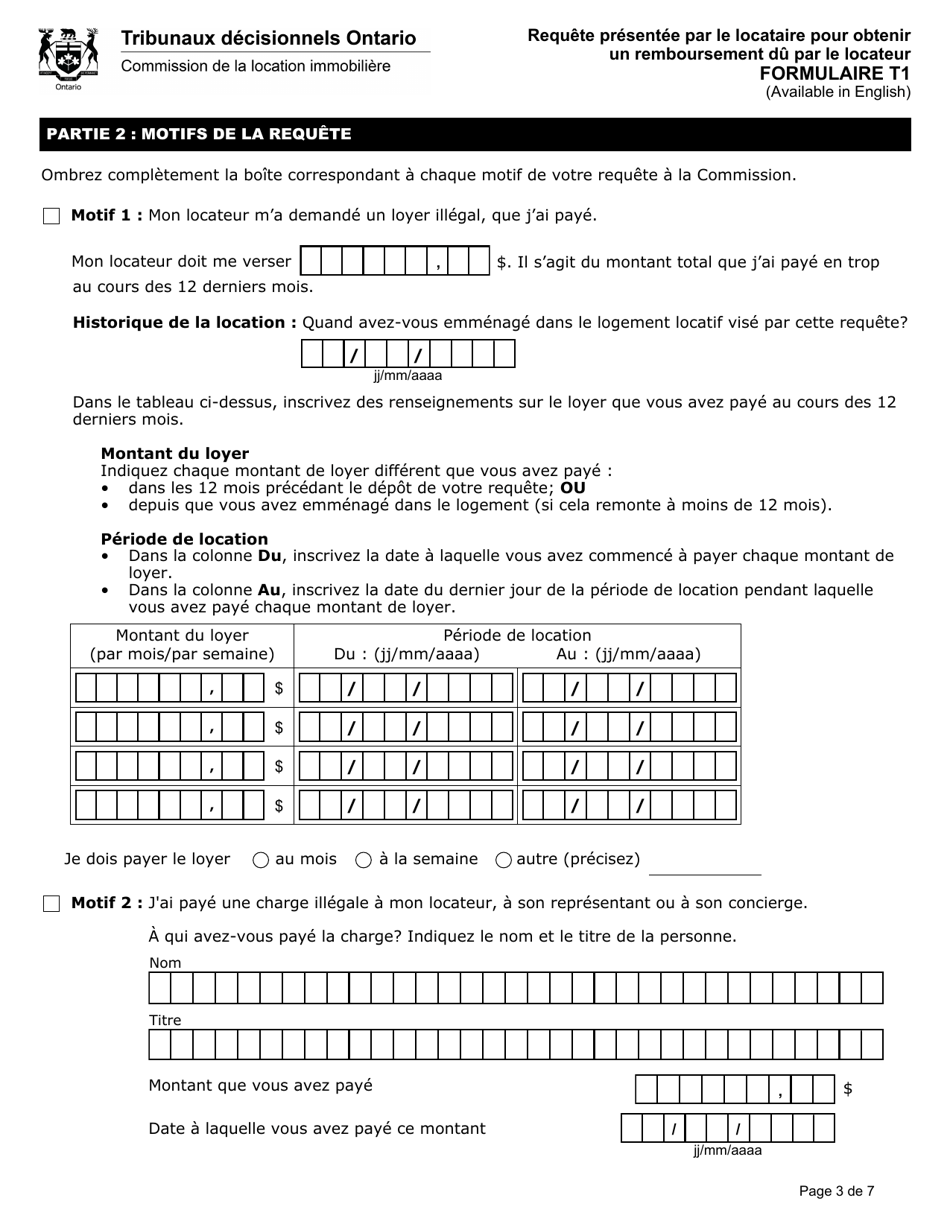 Forme T1 Requete Presentee Par Le Locataire Pour Obtenir Un Remboursement Du Par Le Locateur - Ontario, Canada (French), Page 4