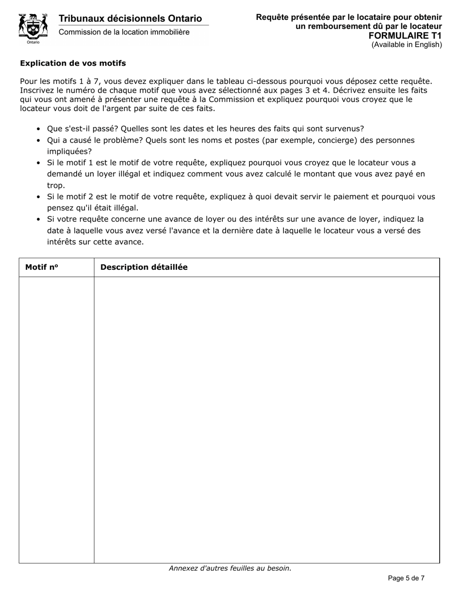 Forme T1 Requete Presentee Par Le Locataire Pour Obtenir Un Remboursement Du Par Le Locateur - Ontario, Canada (French), Page 6