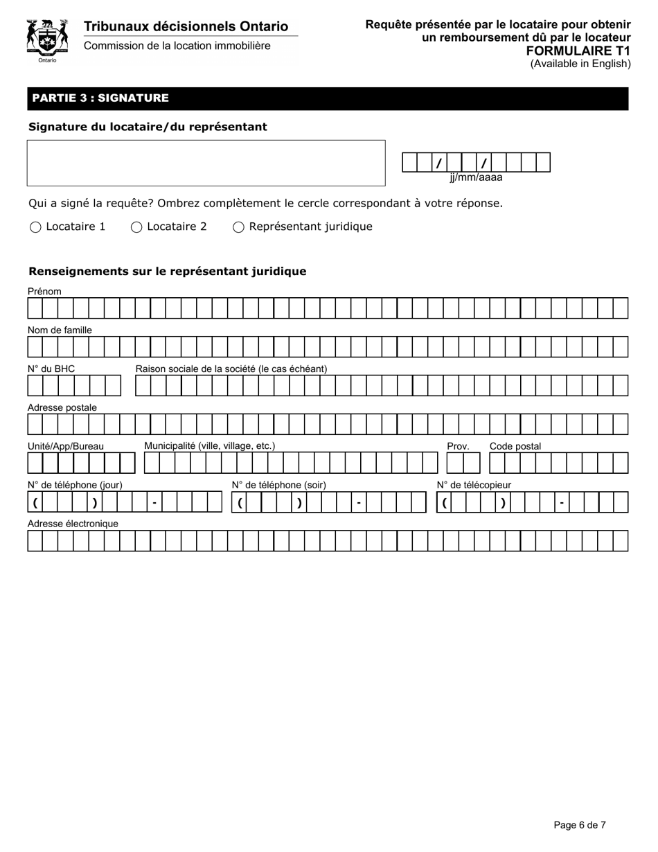 Forme T1 Requete Presentee Par Le Locataire Pour Obtenir Un Remboursement Du Par Le Locateur - Ontario, Canada (French), Page 7
