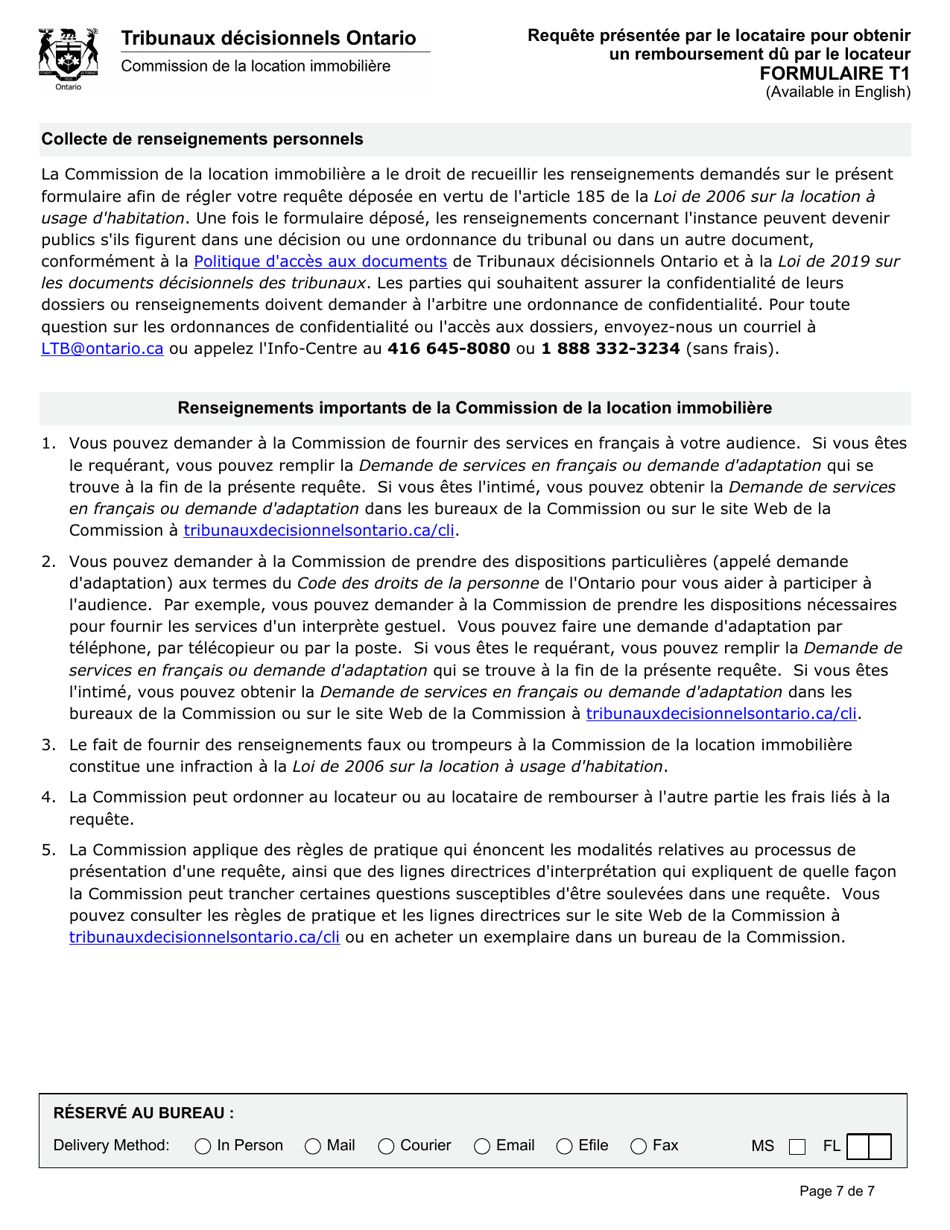 Forme T1 Requete Presentee Par Le Locataire Pour Obtenir Un Remboursement Du Par Le Locateur - Ontario, Canada (French), Page 8