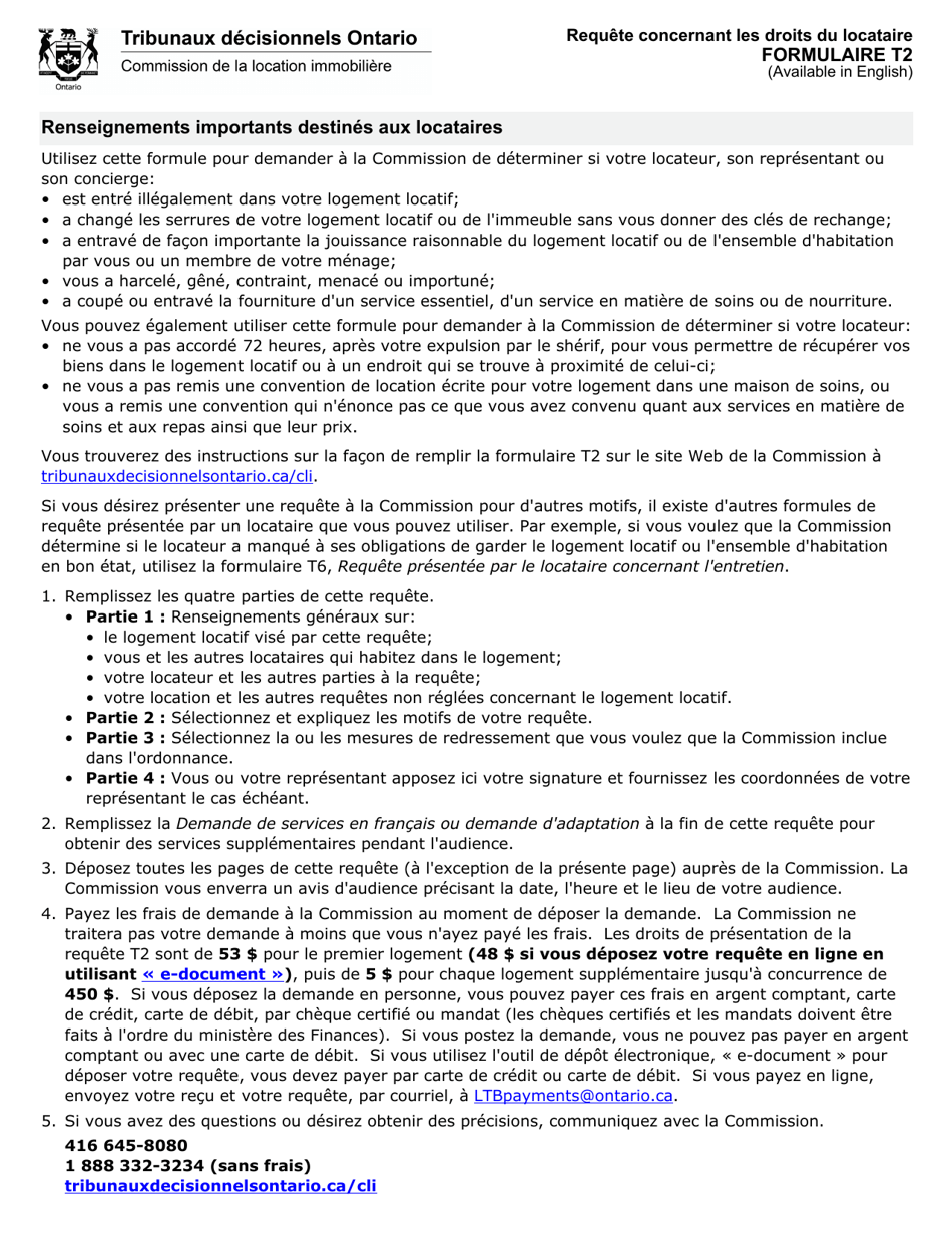 Forme T2 Requete Concernant Les Droits Du Locataire - Ontario, Canada (French), Page 1