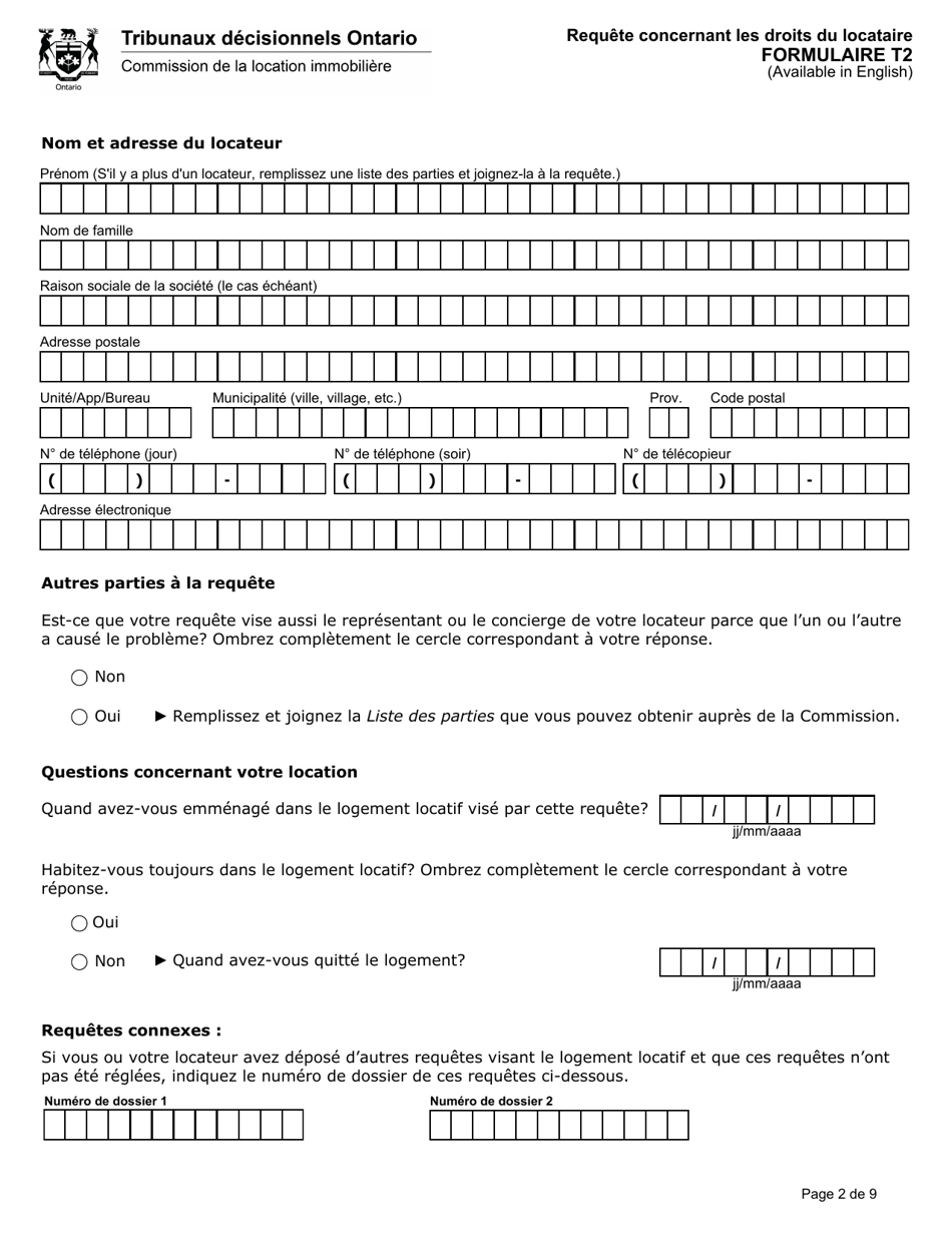 Forme T2 Requete Concernant Les Droits Du Locataire - Ontario, Canada (French), Page 3