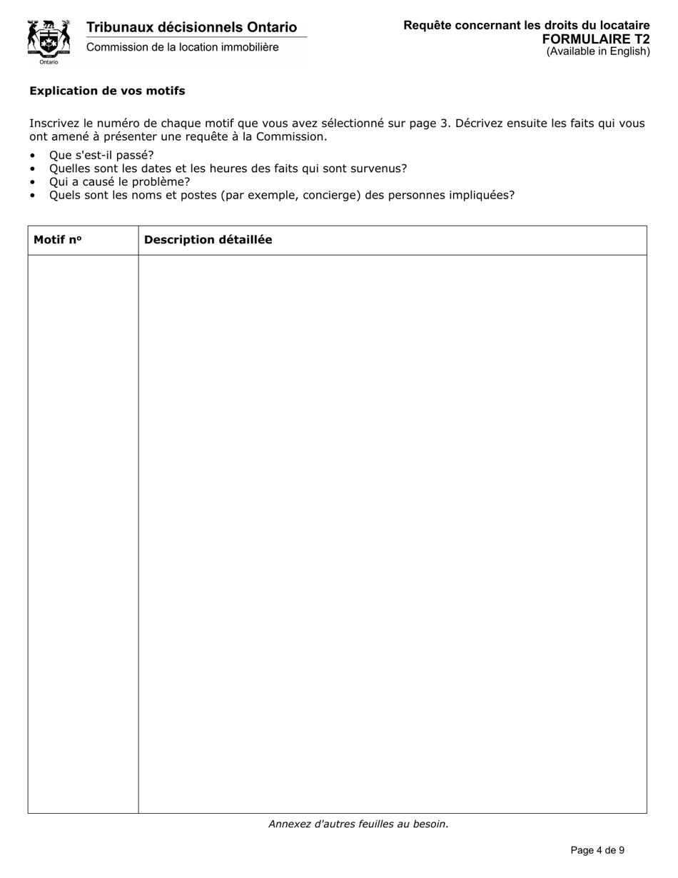 Forme T2 Requete Concernant Les Droits Du Locataire - Ontario, Canada (French), Page 5