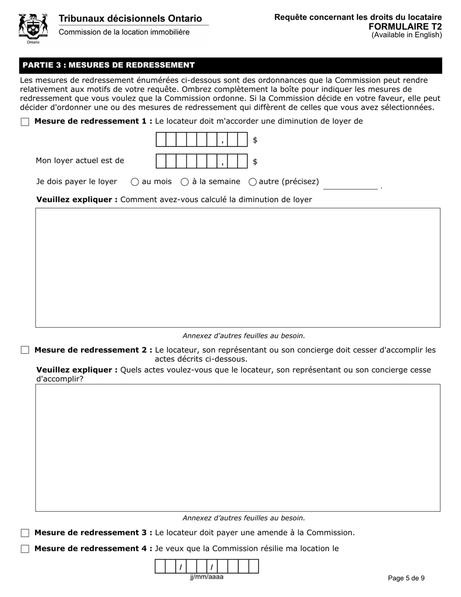 Forme T2 Requete Concernant Les Droits Du Locataire - Ontario, Canada (French), Page 6