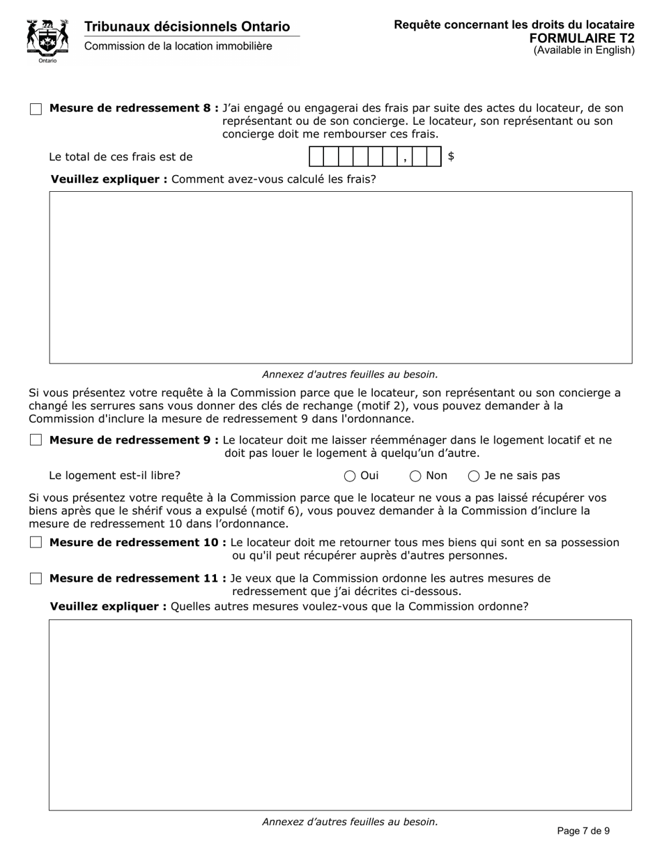 Forme T2 Requete Concernant Les Droits Du Locataire - Ontario, Canada (French), Page 8