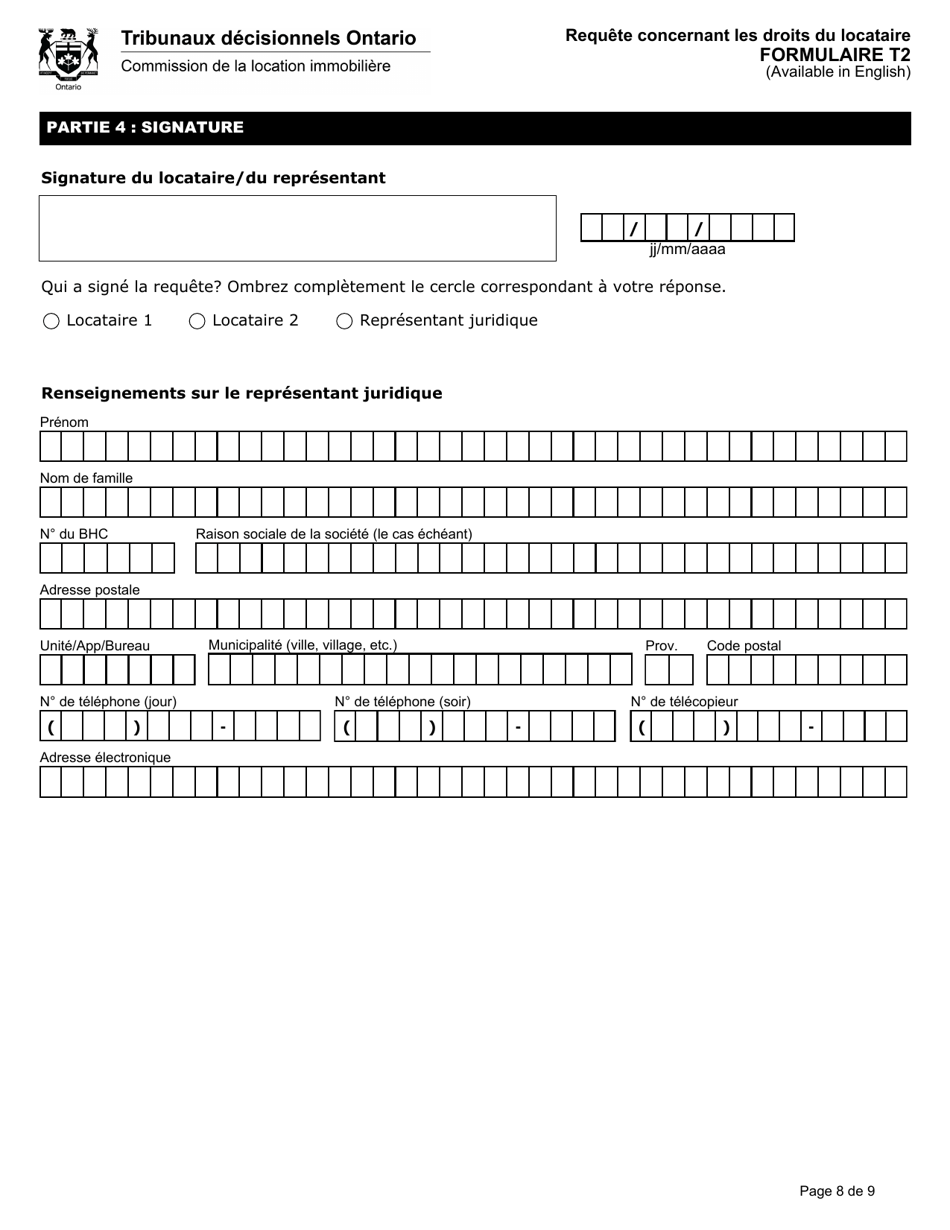 Forme T2 Requete Concernant Les Droits Du Locataire - Ontario, Canada (French), Page 9