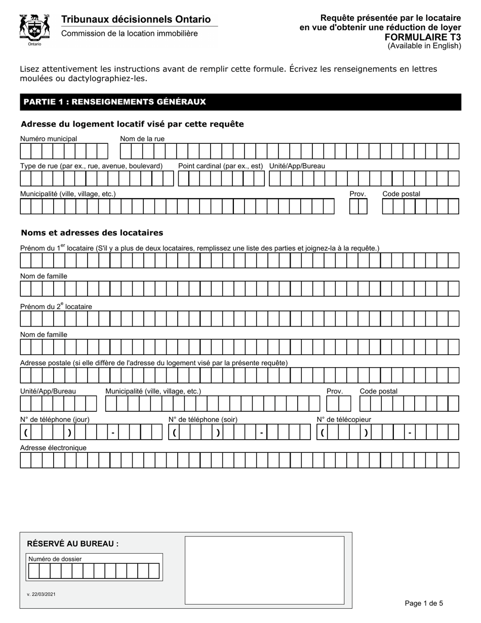 Forme T3 Requete Presentee Par Le Locataire En Vue Dobtenir Une Reduction De Loyer - Ontario, Canada (French), Page 2