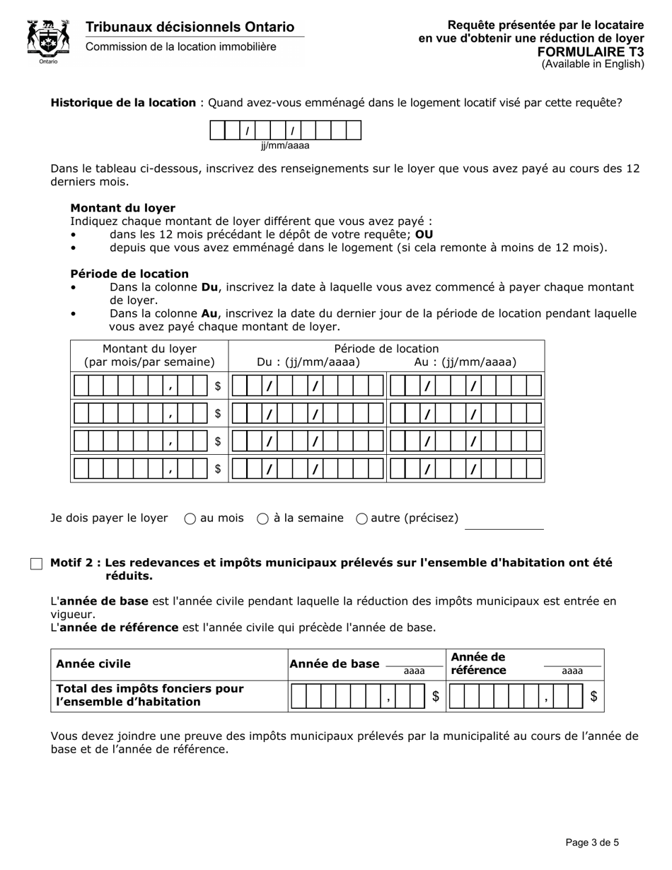 Forme T3 Requete Presentee Par Le Locataire En Vue Dobtenir Une Reduction De Loyer - Ontario, Canada (French), Page 4