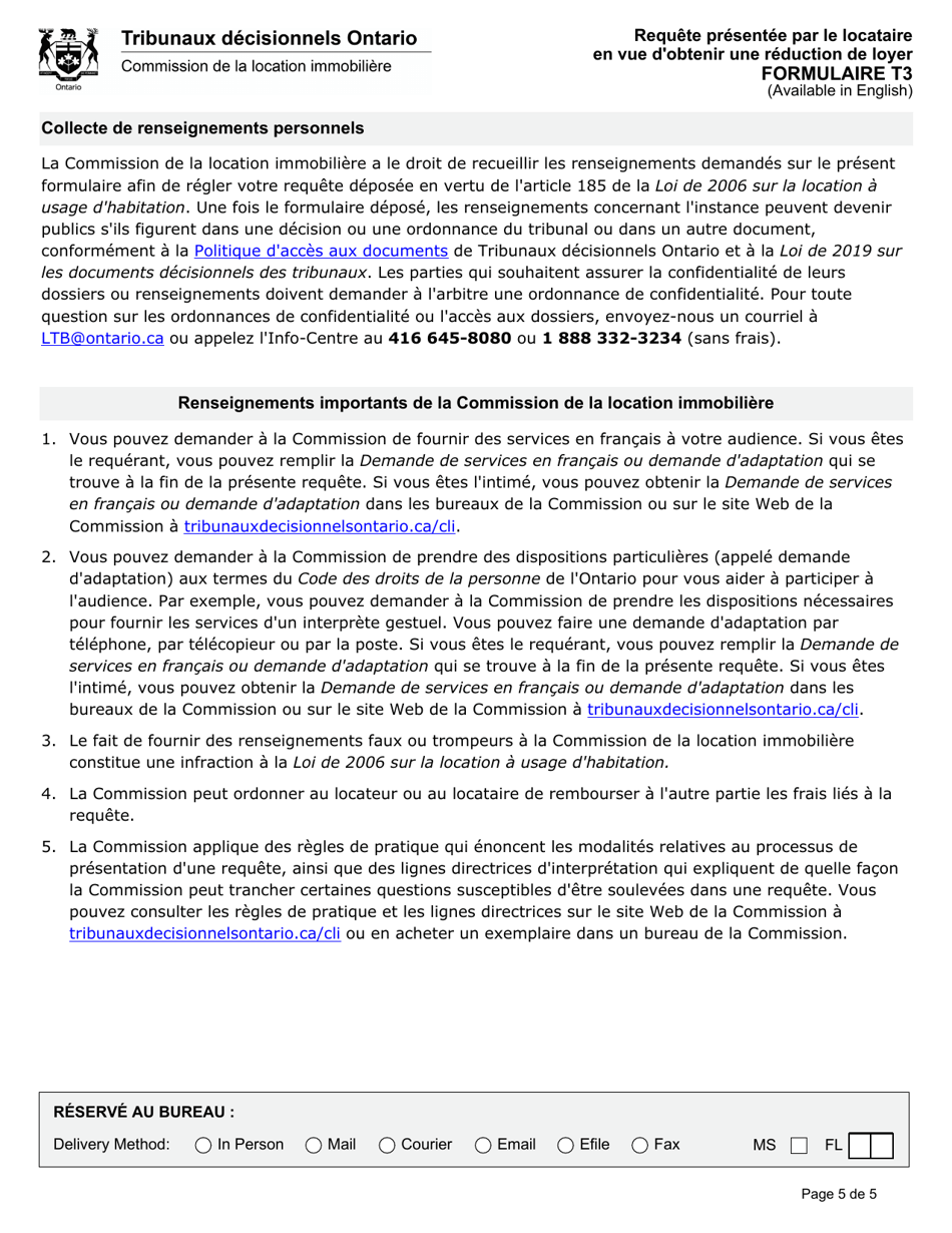 Forme T3 Requete Presentee Par Le Locataire En Vue Dobtenir Une Reduction De Loyer - Ontario, Canada (French), Page 6
