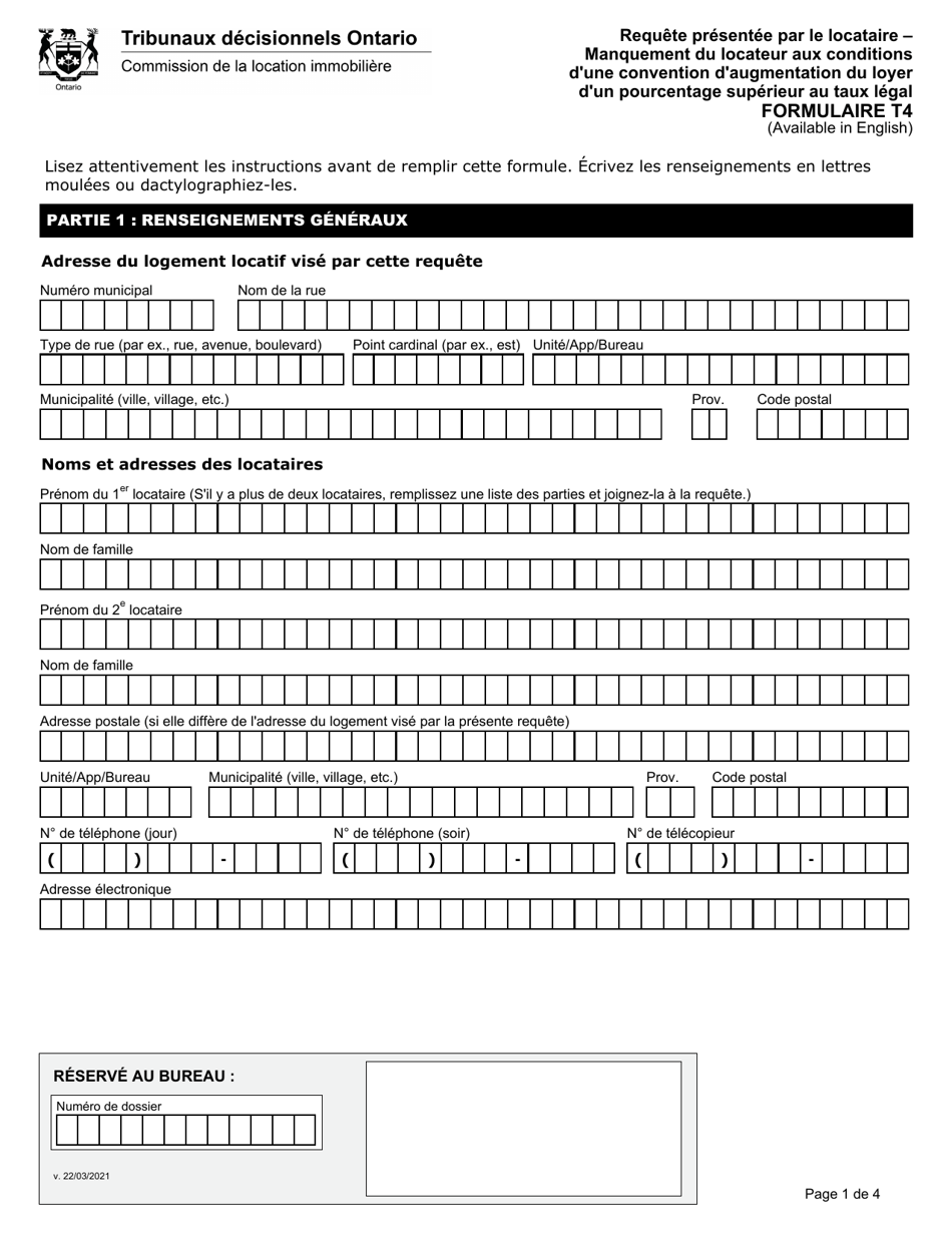 Forme T4 Requete Presentee Par Le Locataire - Manquement Du Locateur Aux Conditions Dune Convention Daugmentation Du Loyer Dun Pourcentage Superieur Au Taux Legal - Ontario, Canada (French), Page 2