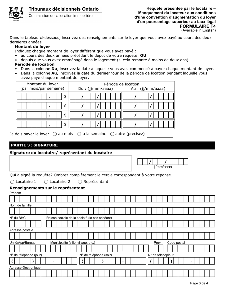 Forme T4 Requete Presentee Par Le Locataire - Manquement Du Locateur Aux Conditions Dune Convention Daugmentation Du Loyer Dun Pourcentage Superieur Au Taux Legal - Ontario, Canada (French), Page 4
