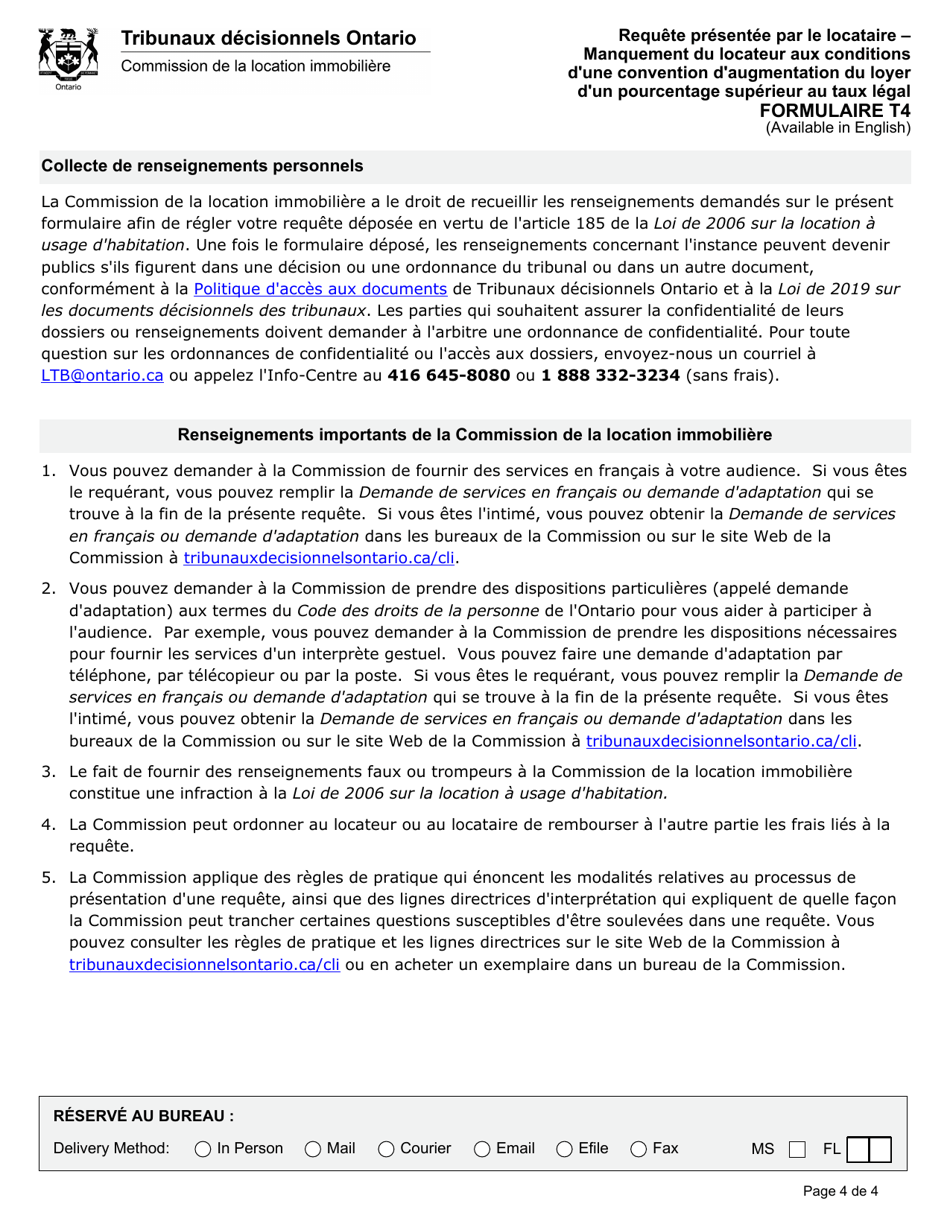 Forme T4 Requete Presentee Par Le Locataire - Manquement Du Locateur Aux Conditions Dune Convention Daugmentation Du Loyer Dun Pourcentage Superieur Au Taux Legal - Ontario, Canada (French), Page 5
