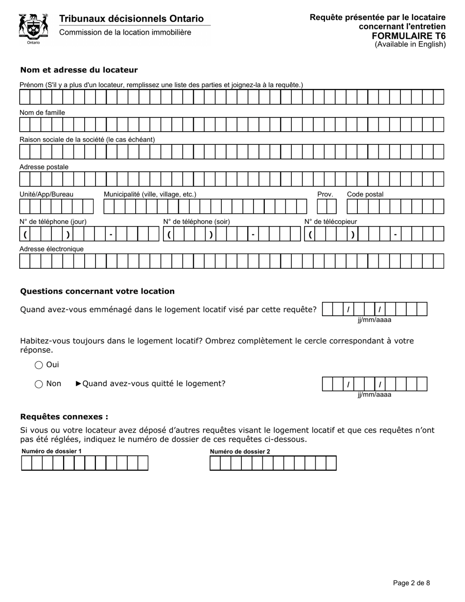 Forme T6 Requete Presentee Par Le Locataire Concernant Lentretien - Ontario, Canada (French), Page 3
