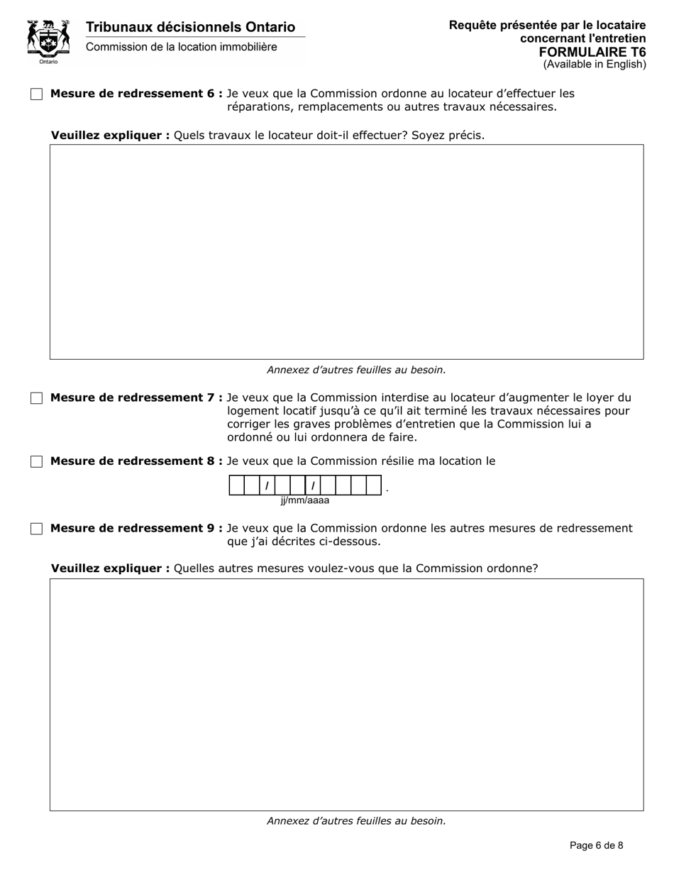 Forme T6 Requete Presentee Par Le Locataire Concernant Lentretien - Ontario, Canada (French), Page 7