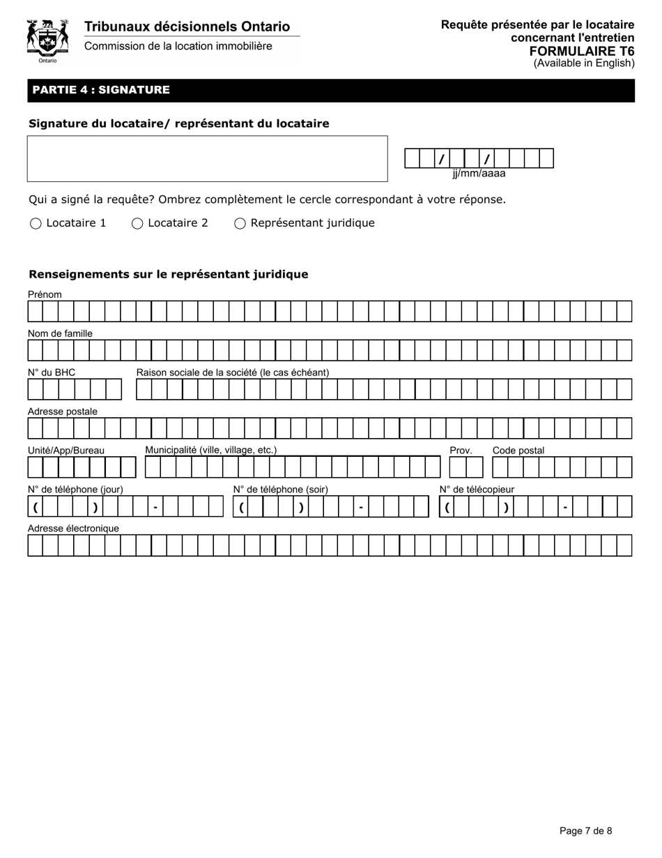 Forme T6 Requete Presentee Par Le Locataire Concernant Lentretien - Ontario, Canada (French), Page 8