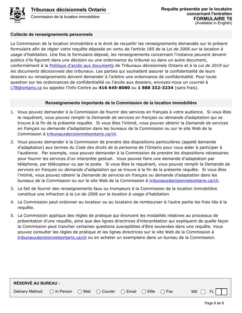 Forme T6 Requete Presentee Par Le Locataire Concernant Lentretien - Ontario, Canada (French), Page 9