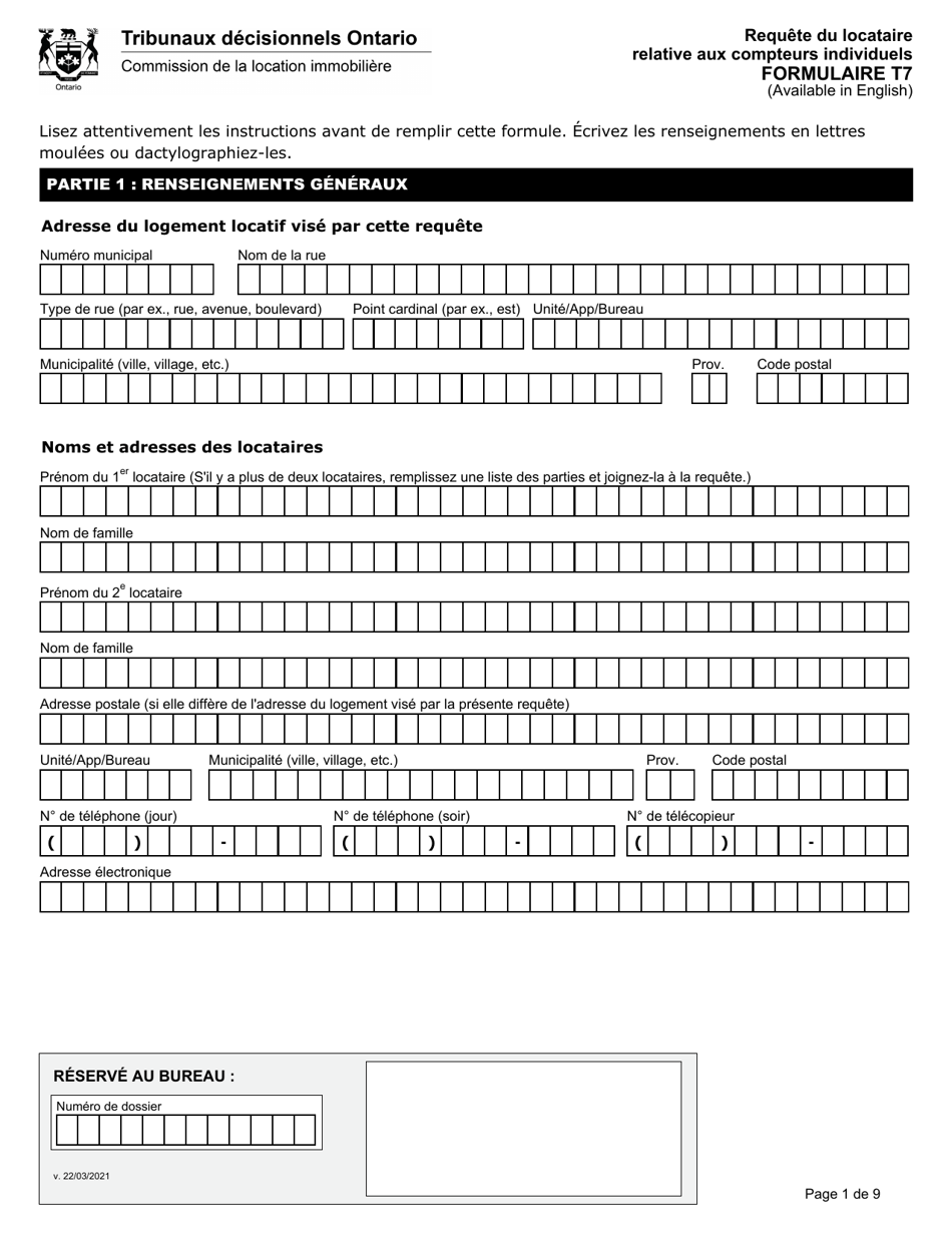 Forme T7 Requete Du Locataire Relative Aux Compteurs Individuels - Ontario, Canada (French), Page 2