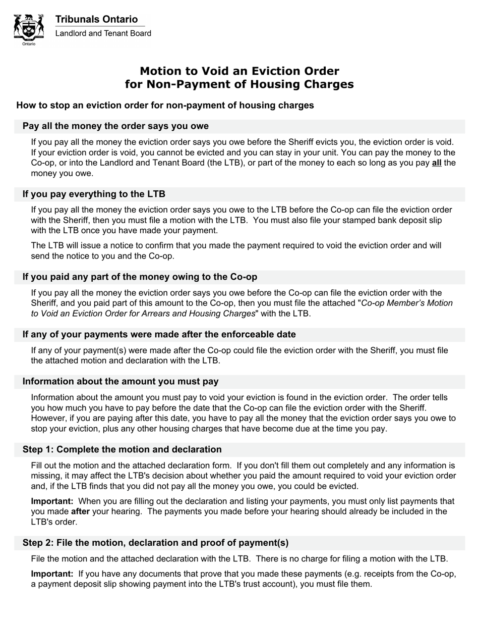 Ontario Canada Coop Member's Motion to Void an Eviction Order for