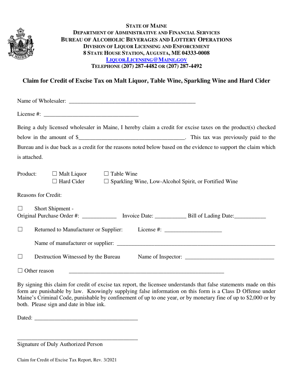 Maine Claim for Credit of Excise Tax on Malt Liquor, Table Wine