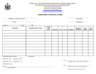 Document preview: Cider Price Posting Form - Maine