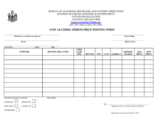 Document preview: Low Alcohol Spirits Price Posting Form - Maine