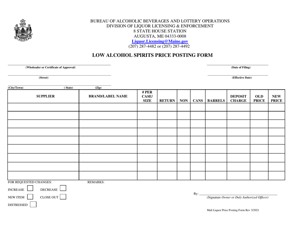 Low Alcohol Spirits Price Posting Form - Maine, Page 1