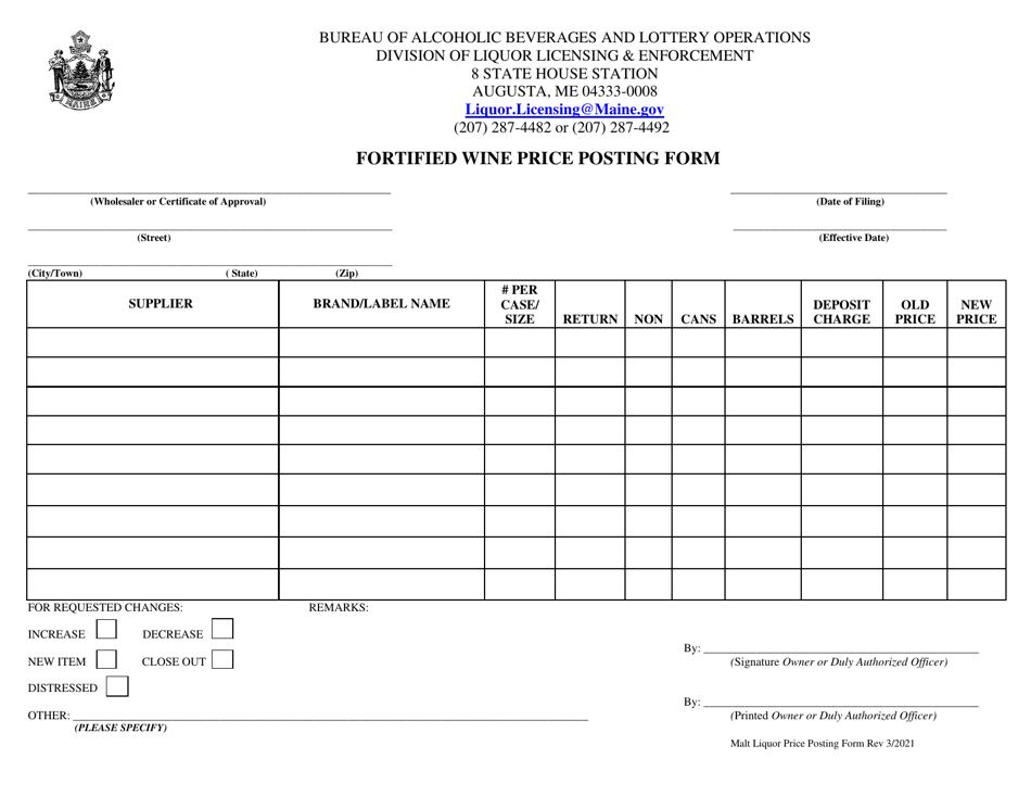 Fortified Wine Price Posting Form - Maine, Page 1