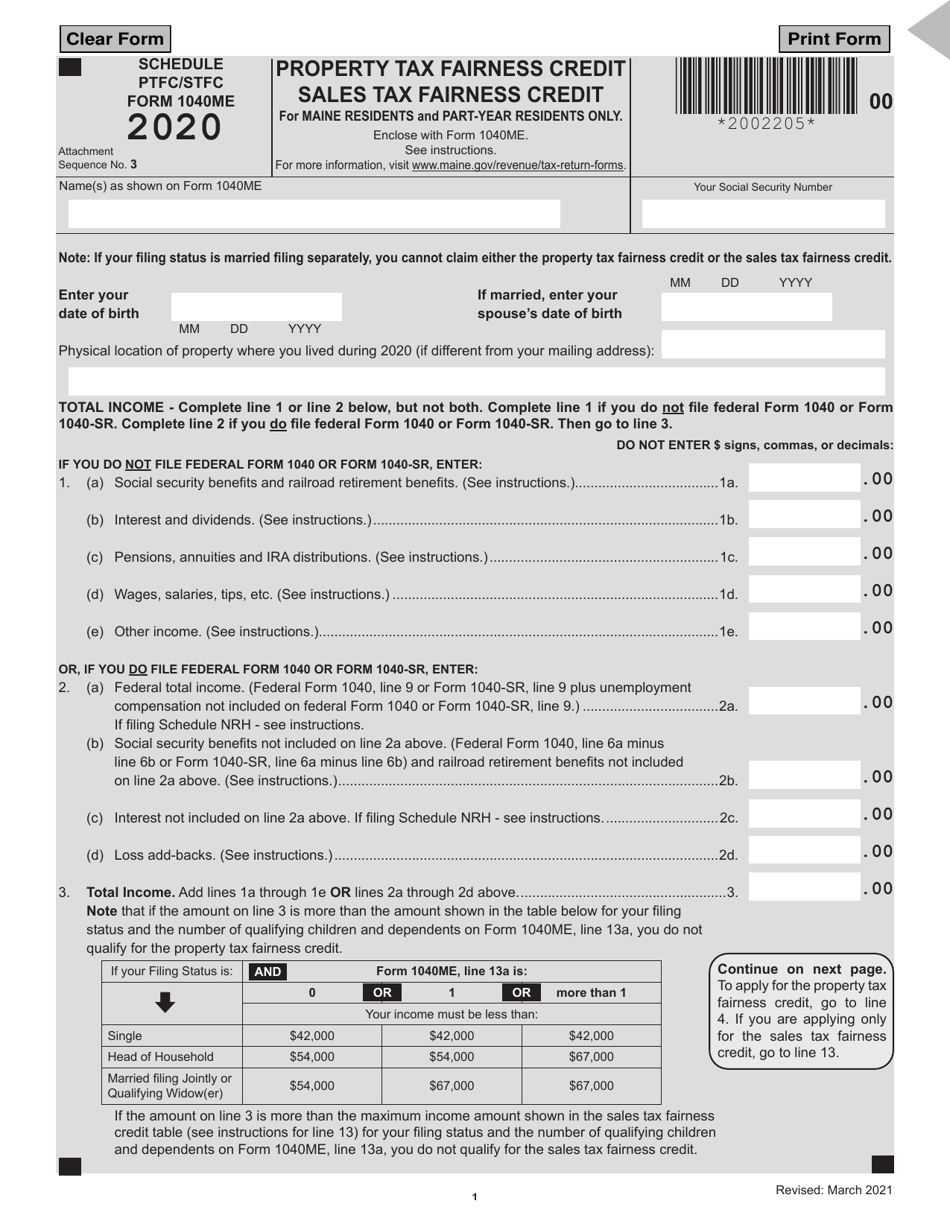 Form 1040ME Schedule PTFC / STFC Property Tax Fairness Credit Sales Tax Fairness Credit - Maine, Page 1
