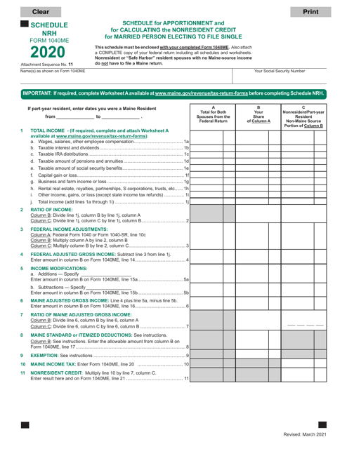 Form 1040ME Schedule NRH Schedule for Apportionment and for Calculating the Nonresident Credit for Married Person Electing to File Single - Maine, 2020