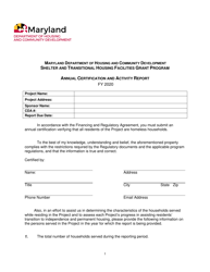 Annual Certification and Activity Report - Shelter and Transitional Housing Facilities Grant Program - Maryland