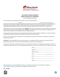 &quot;Annual Certificate of Compliance - Multifamily Housing Programs&quot; - Maryland, 2020