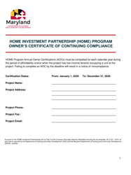 Document preview: Home Investment Partnership (Home) Program Owner's Certificate of Continuing Compliance - Maryland