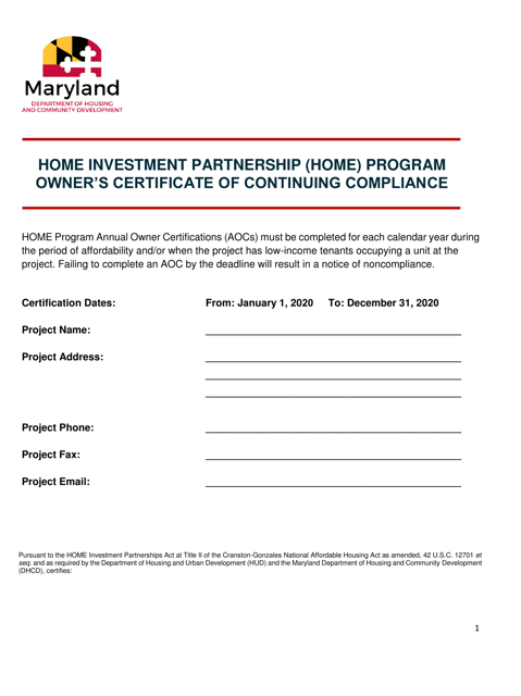 Home Investment Partnership (Home) Program Owner's Certificate of Continuing Compliance - Maryland Download Pdf