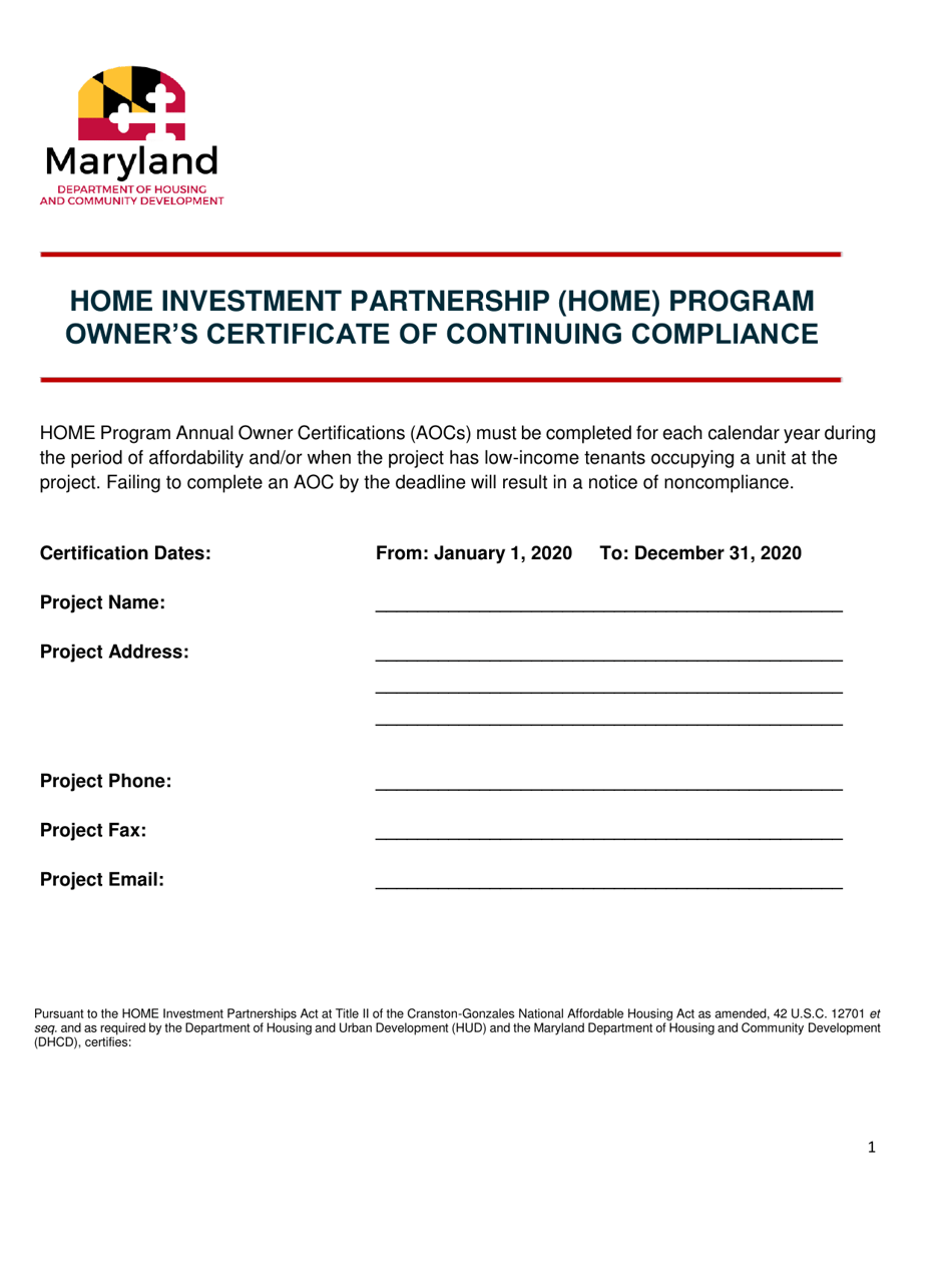 Home Investment Partnership (Home) Program Owners Certificate of Continuing Compliance - Maryland, Page 1